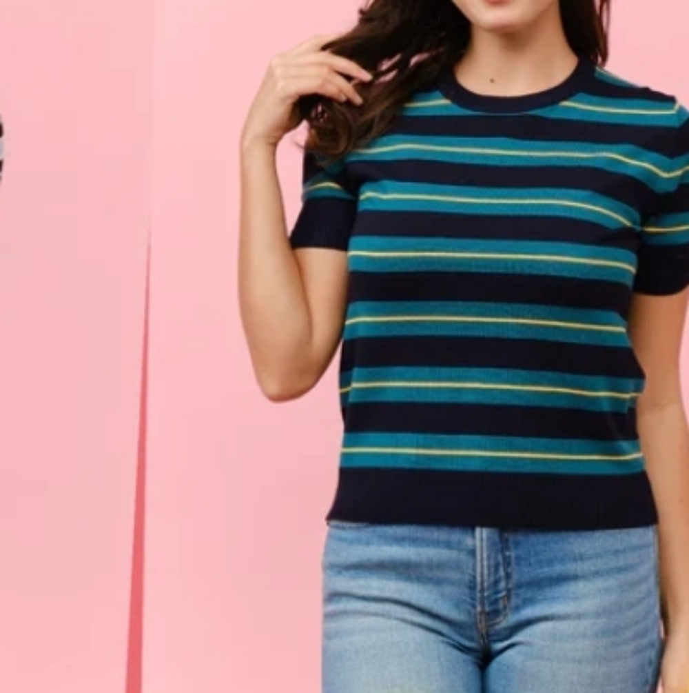 Cielo Navy Short-Sleeve Striped Tee with Teal and Yellow Accents